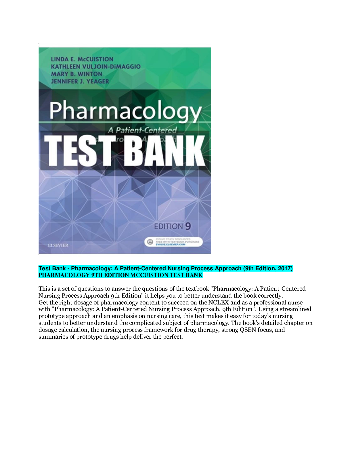 Preview image for PHARMACOLOGY 9TH EDITION MCCUISTION TEST BANK (completed all chapters)